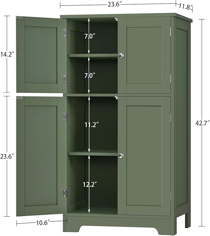 Zalorin Bathroom Cabinet, Storage Cabinet with 4 Doors & 2 Adjustable Shelves, Cupboard for Living Room, Entryway, Office, Forest Green