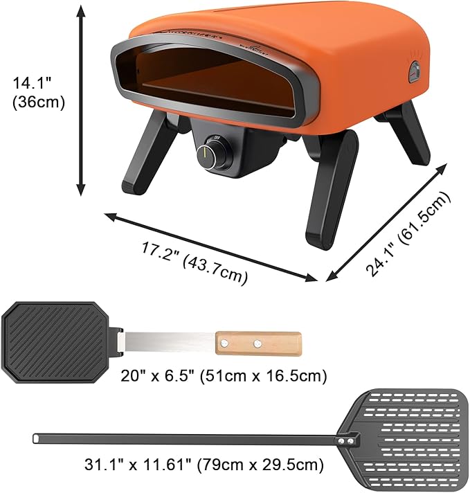 Zalorin Gas Pizza Oven Outdoor 14" Pizza Oven with Built-In Thermometer, Portable Propane Pizza Oven Stainless Steel with Pizza Peel, Stone, Griddle, Recipe & Carrying Bag for Outdoor Kitchen-Orange