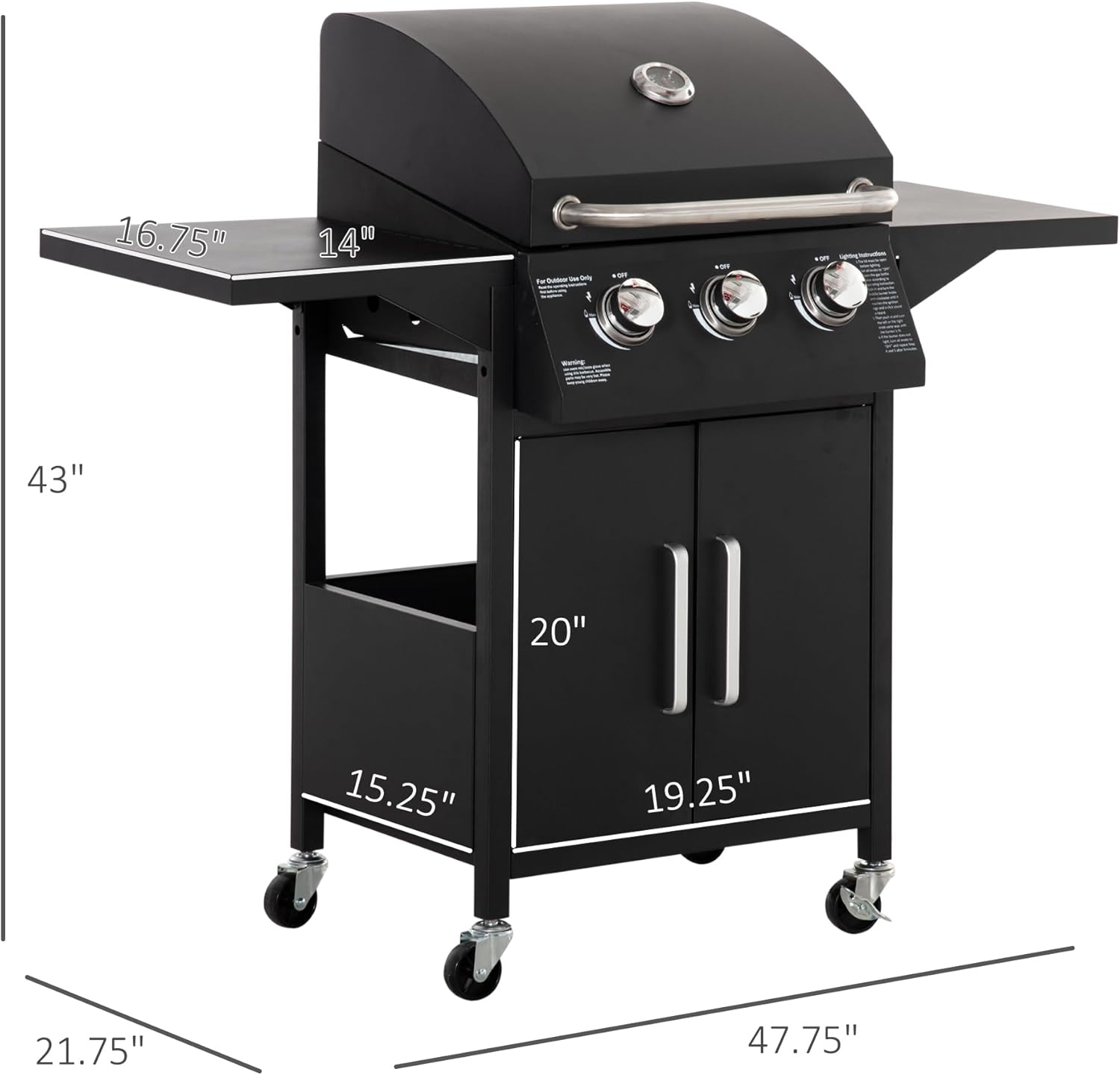 Zalorin 3 Burner Gas Grill, Portable Propane Grill with Wheels, Outdoor Carbon Steel Barbecue Trolley with Warming Rack, Side Shelves, Storage Cabinet, Thermometer, Black