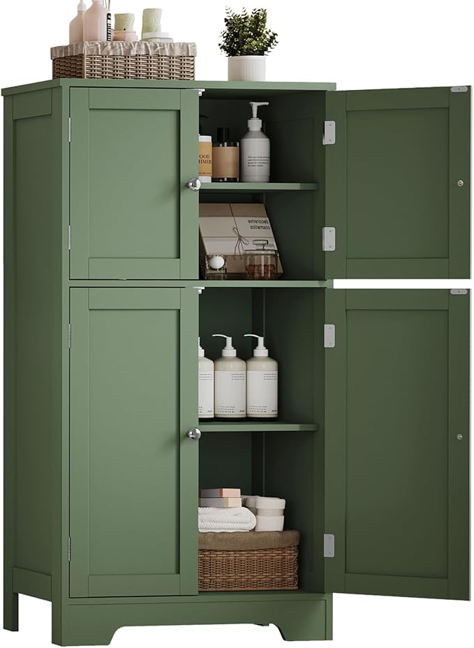 Zalorin Bathroom Cabinet, Storage Cabinet with 4 Doors & 2 Adjustable Shelves, Cupboard for Living Room, Entryway, Office, Forest Green