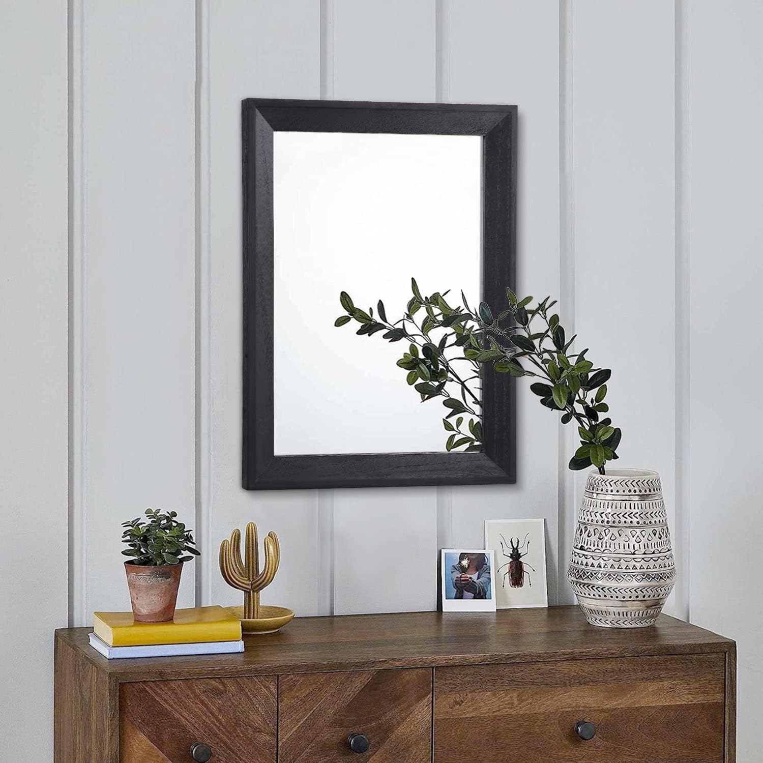 Zalorin Wall Mirror Black Rectangle Rustic Wood Mirror Decorative Hanging Mirror for Bathroom Bedroom Farmhouse