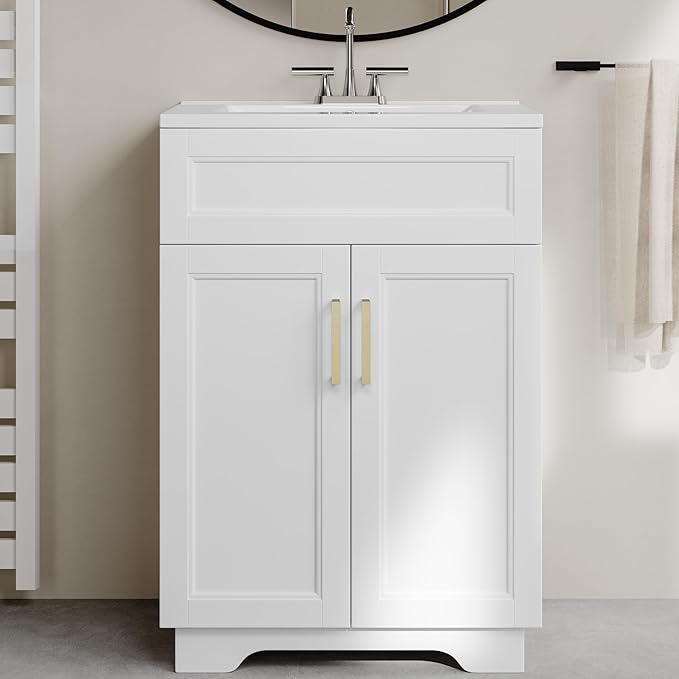 Zalorin Bathroom Vanity with Ceramic Sink, Wooden Double Door Bathroom Storage Vanity with 24 Inch, Small Quick Assembly Bathroom Cabinet