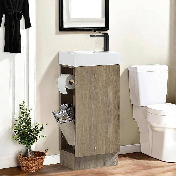 Zalorin 16" Small Bathroom Vanity with Sink Narrow Depth Bathroom Vanities,Wood Vanity Cabinet,Soft Closing Door,Adjustable Shelves,Modern Wall Decor,Grey