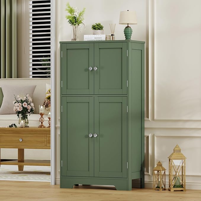 Zalorin Bathroom Cabinet, Storage Cabinet with 4 Doors & 2 Adjustable Shelves, Cupboard for Living Room, Entryway, Office, Forest Green