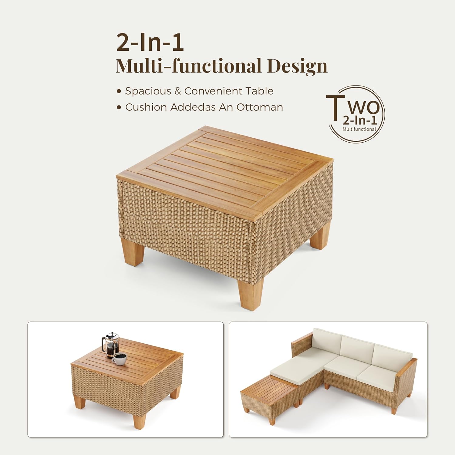 IDZO Wicker Outdoor Patio Furniture Set 3 Pieces Patio Chaise Longue Conversation Set, Rattan L-Shaped Sofa Couch with Acacia Wood Coffee Table for Deck Porch and Garden