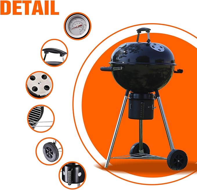 ZalorinCharcoal Grill 22-Inch, Movable Barbecue Charcoal Grill With Built-in Thermometer, Porcelain-Enameled Lid, Slide Out Ash Catcher For Outdoor Cooking, Patio, Backyard, Black