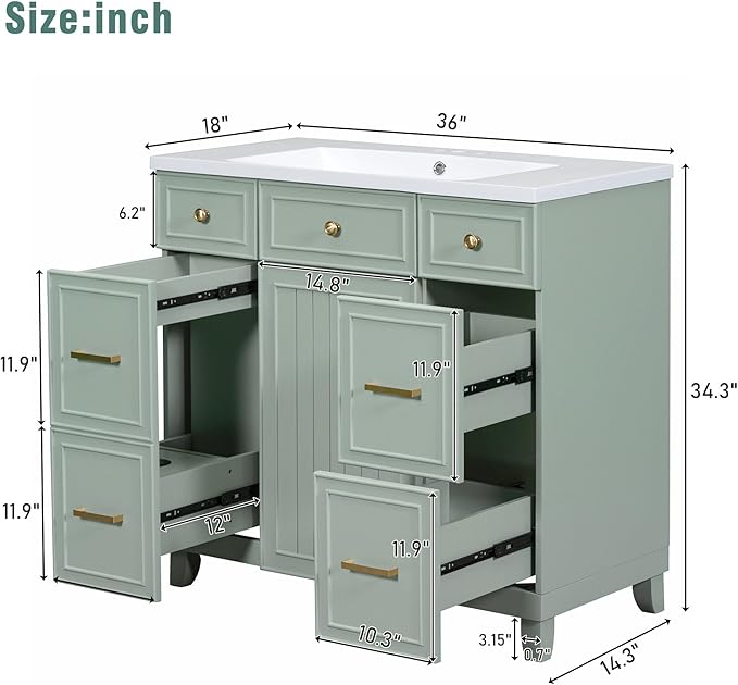 Zalorin 36" Green Bathroom Vanity with Sink, Modern Bathroom Vanity with 3 Drawers & Soft Close Doors, Solid Wood Bathroom Shaker Cabinet with Undermount Ceramic Sink, Gold Handles (Green)