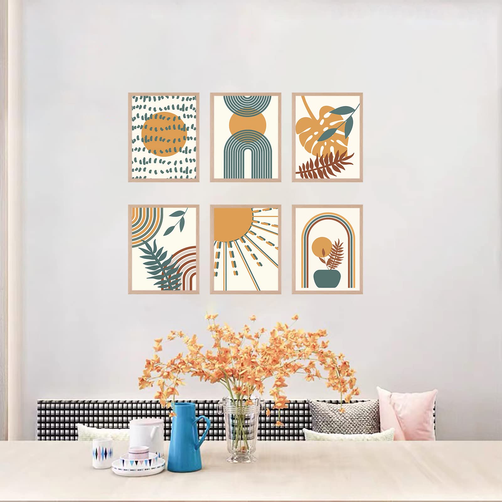 Zalorin Boho Wall Art Set of 6 Minimalist Mid Century Wall Art Prints Unframed Geometry Line Art Sun Plant Leaf Abstract Modern Artwork Poster Boho Decor for Living Room Bedroom Office 8x10 Inch