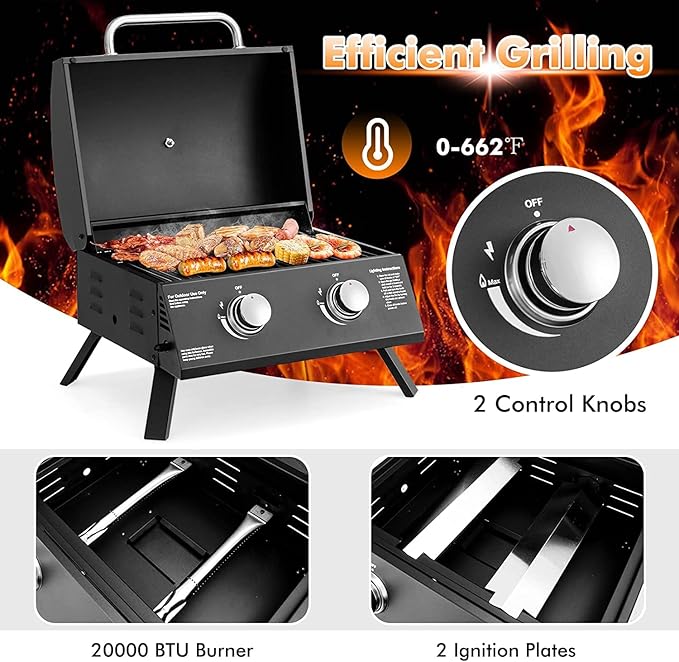 Zalorin Portable Gas Grill, Small Foldable Tabletop Propane BBQ Griddle w/Grease Tray, Thermometer, 20,000 BTU / 243 Sq.in Cooking Area, 2 Burner Gas Grill for Outdoor Camping, Tailgating