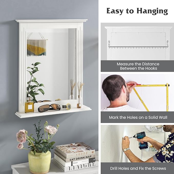 Zalorin Bathroom Wall Mirror with Shelf, Square Makeup Mirror Wall Hanging Mirror, Vanity Mirror for Dressing Room Washroom Bedroom, Modern Concise Wall Mounted Mirror (White)