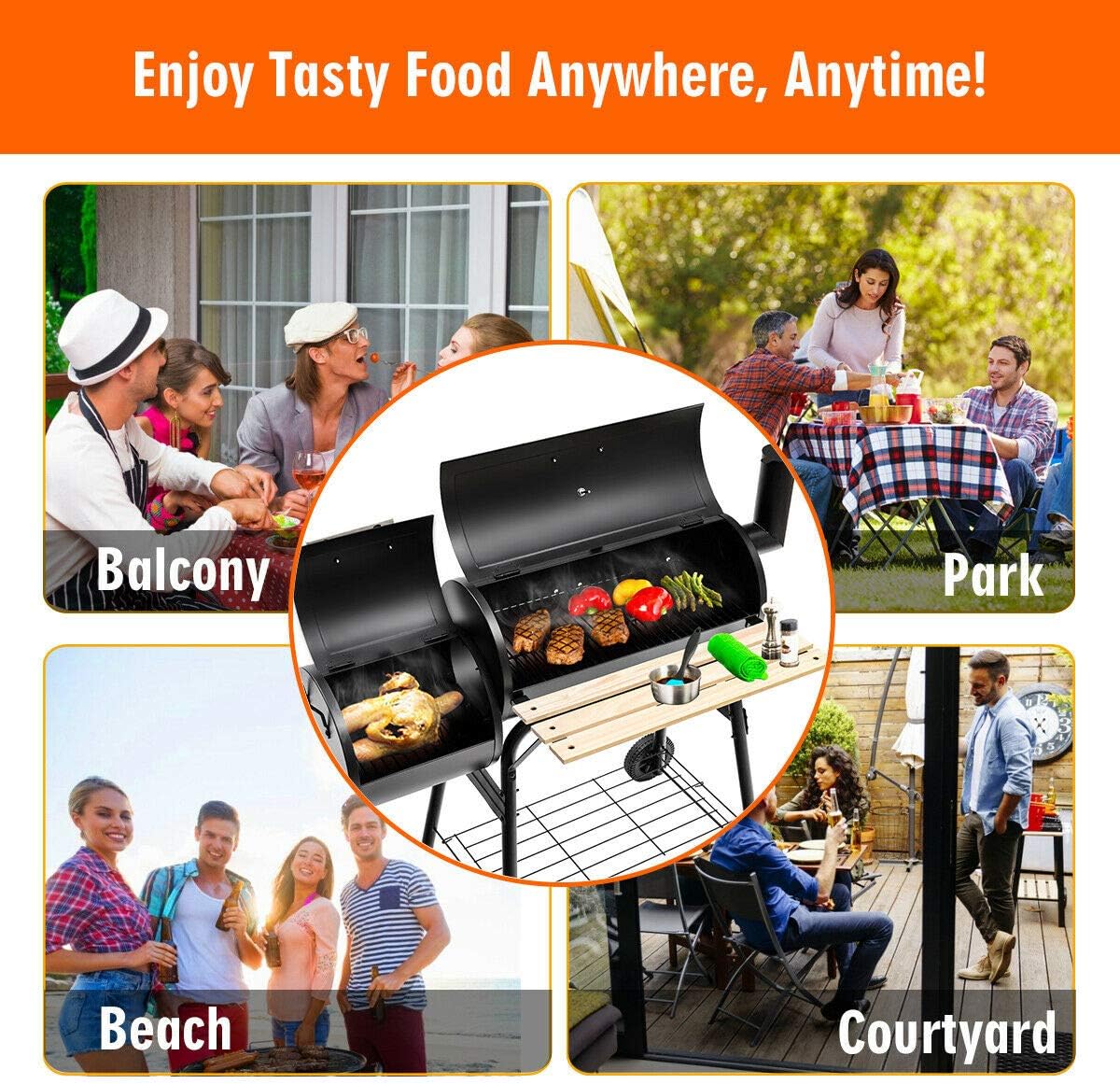 Zalorin Grill Charcoal BBQ Reduce Offset Smoker Barbecue Steel Outdoor Patio Backyard Stainless