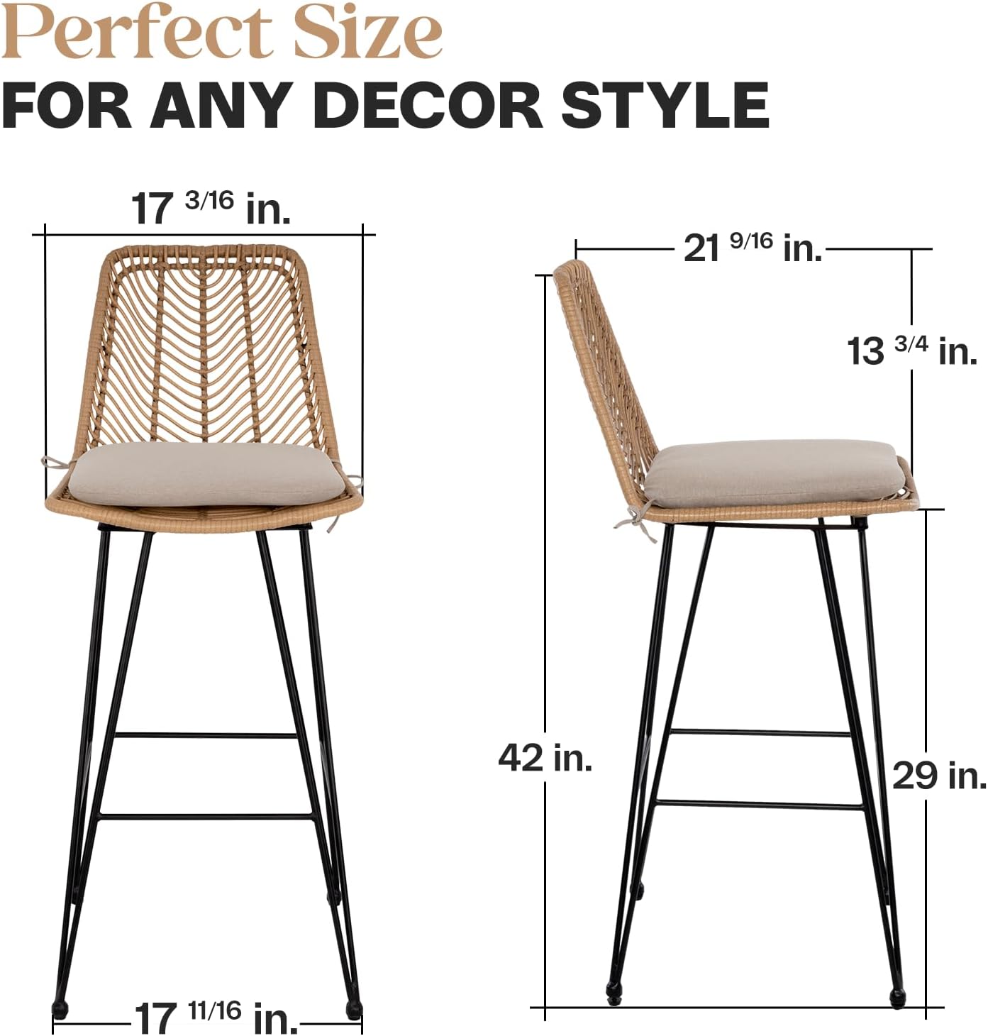 IDZO Outdoor Rattan Bar Stools Set of 2, 42-Inch Tall with 400lbs Weight Endurance, Featuring a Steel Frame and Comfort Cushions, Ideal Outdoor Bar Stools and Kitchen Island