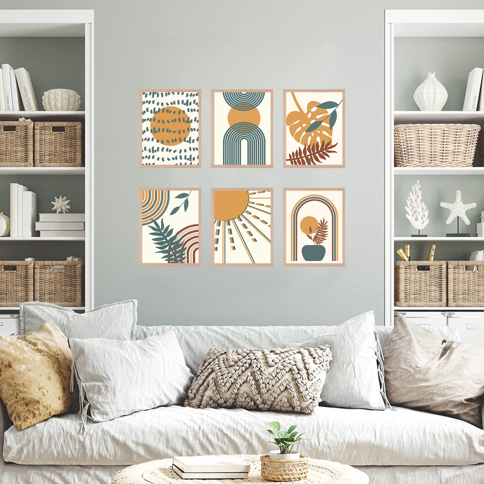 Zalorin Boho Wall Art Set of 6 Minimalist Mid Century Wall Art Prints Unframed Geometry Line Art Sun Plant Leaf Abstract Modern Artwork Poster Boho Decor for Living Room Bedroom Office 8x10 Inch