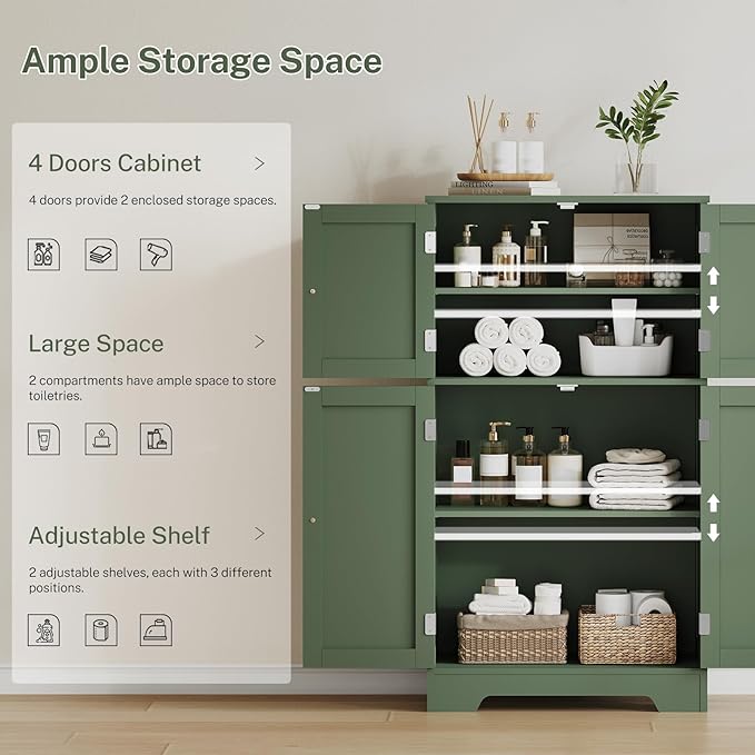 Zalorin Bathroom Cabinet, Storage Cabinet with 4 Doors & 2 Adjustable Shelves, Cupboard for Living Room, Entryway, Office, Forest Green