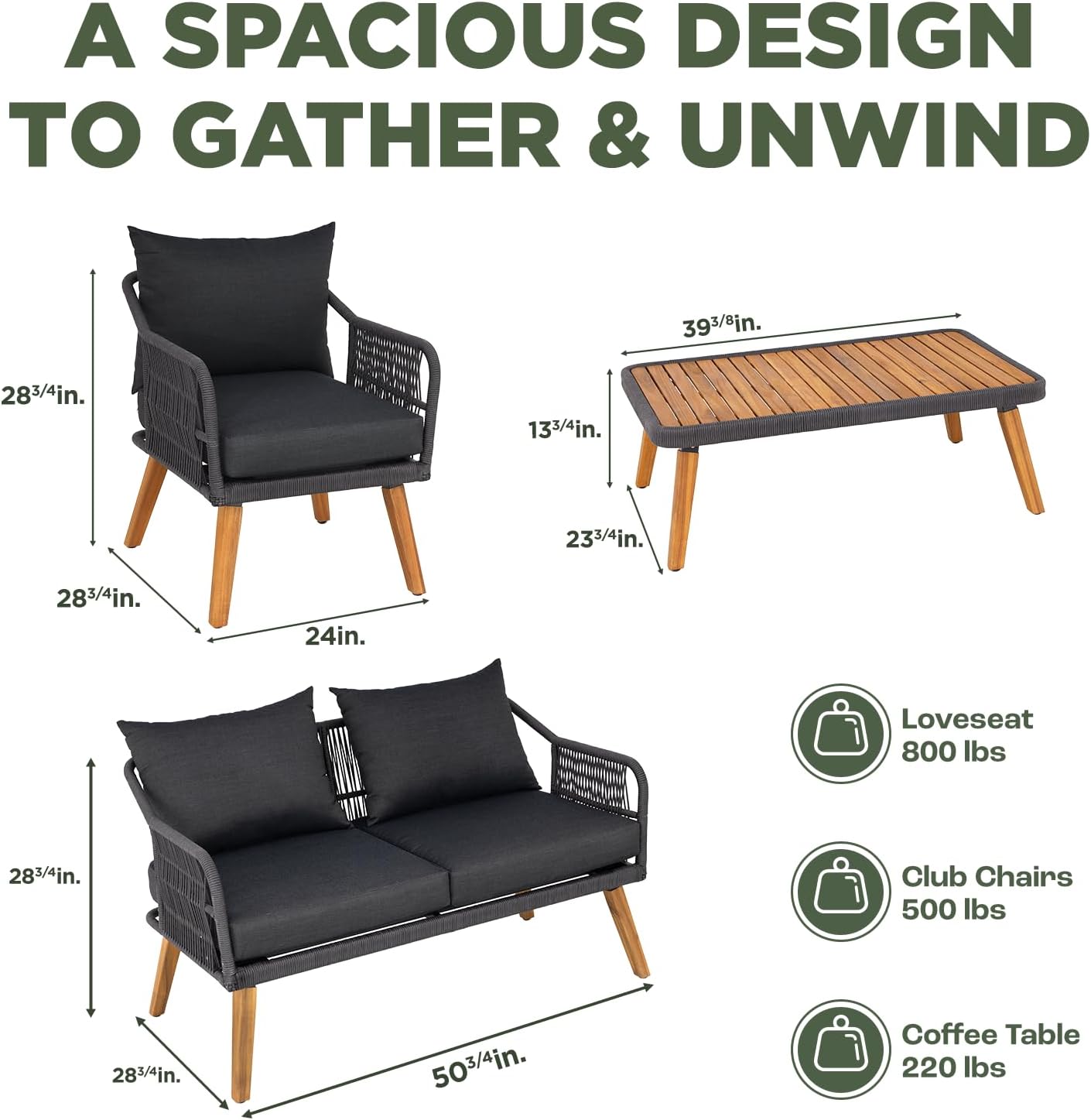 IDZO Serene Patio Conversation Sets, 800lbs Capacity FSC Certified Acacia Wood Outdoor Furniture with 3.9in Thick Soft Cushions, 4 Pieces Modern Rope_Obsidian