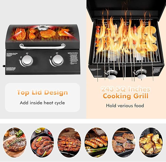 Zalorin Portable Gas Grill, Small Foldable Tabletop Propane BBQ Griddle w/Grease Tray, Thermometer, 20,000 BTU / 243 Sq.in Cooking Area, 2 Burner Gas Grill for Outdoor Camping, Tailgating