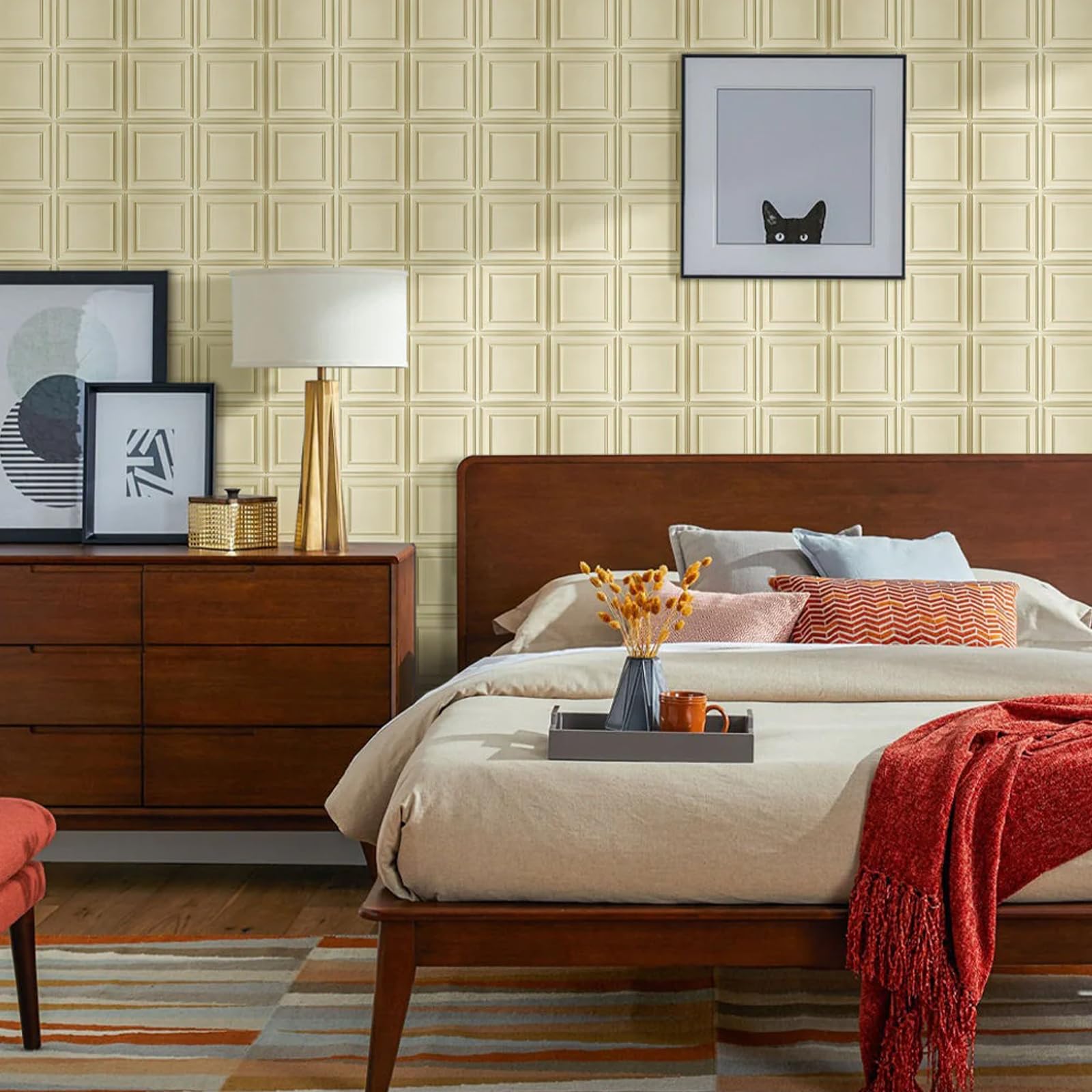 Zalorin 10 Pcs 3D PVC Wall Panels Peel and Stick Wall Tile - 11.8"x11.8" Light Yellow Square 3D Decorative Wall Panels for Bedroom, Living Room,Interior Wall Decor, Matte