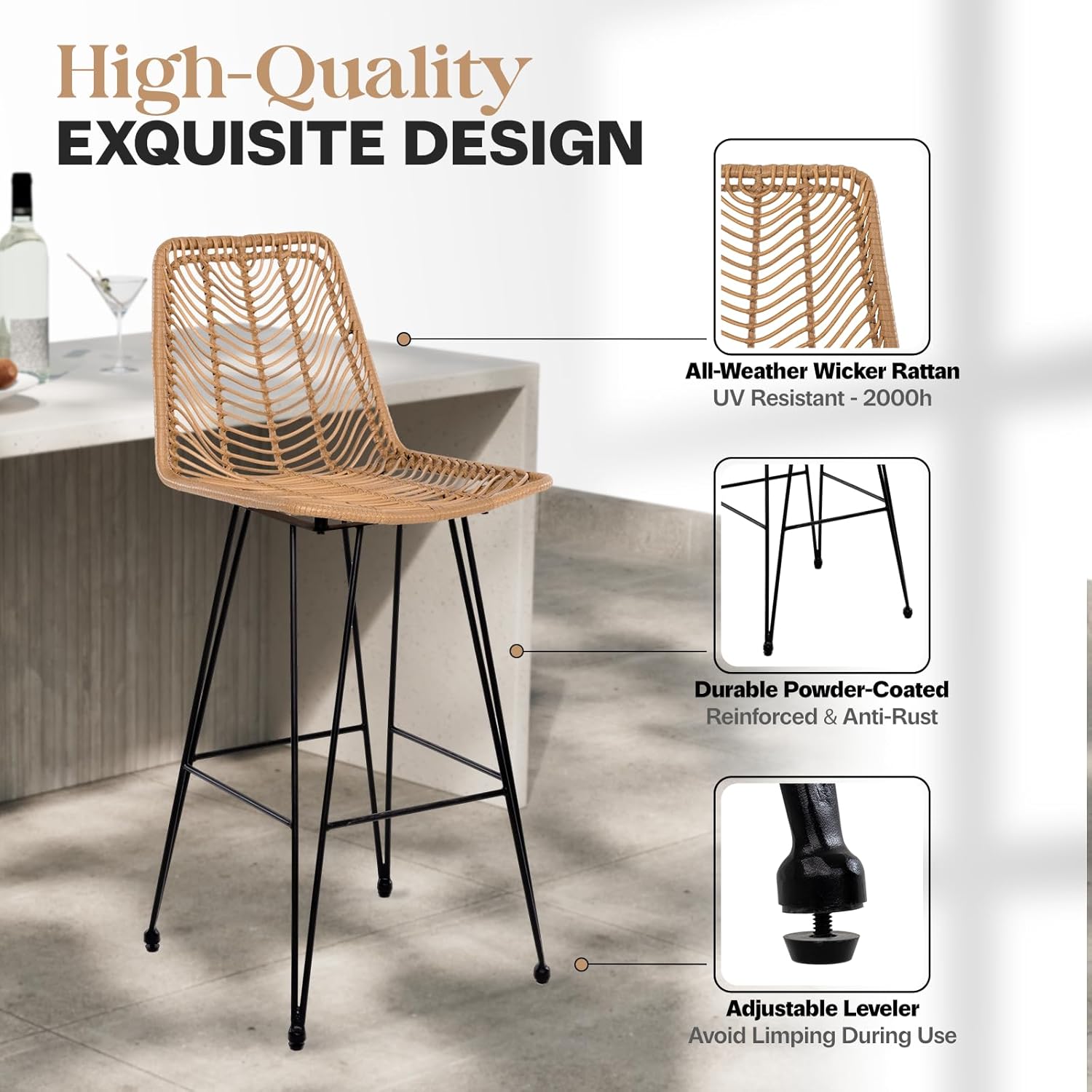 IDZO Outdoor Rattan Bar Stools Set of 2, 42-Inch Tall with 400lbs Weight Endurance, Featuring a Steel Frame and Comfort Cushions, Ideal Outdoor Bar Stools and Kitchen Island