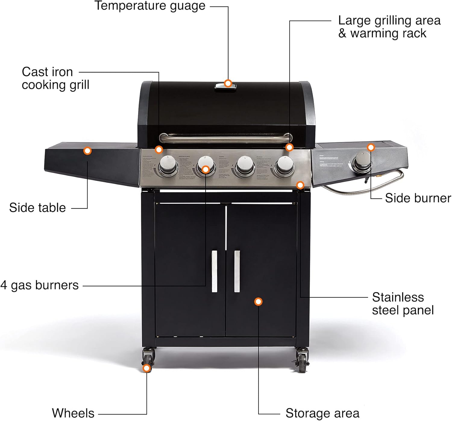 Zalorin Gas BBQ, 4+1 Burner Gas Barbecue with Warming Rack, Side Burner, Temperature Gauge, Cabinet Storage, 4 Wheels, Portable, Steel & Chrome, Grill Meat, Fish, Veg in Your Garden Outdoor Space