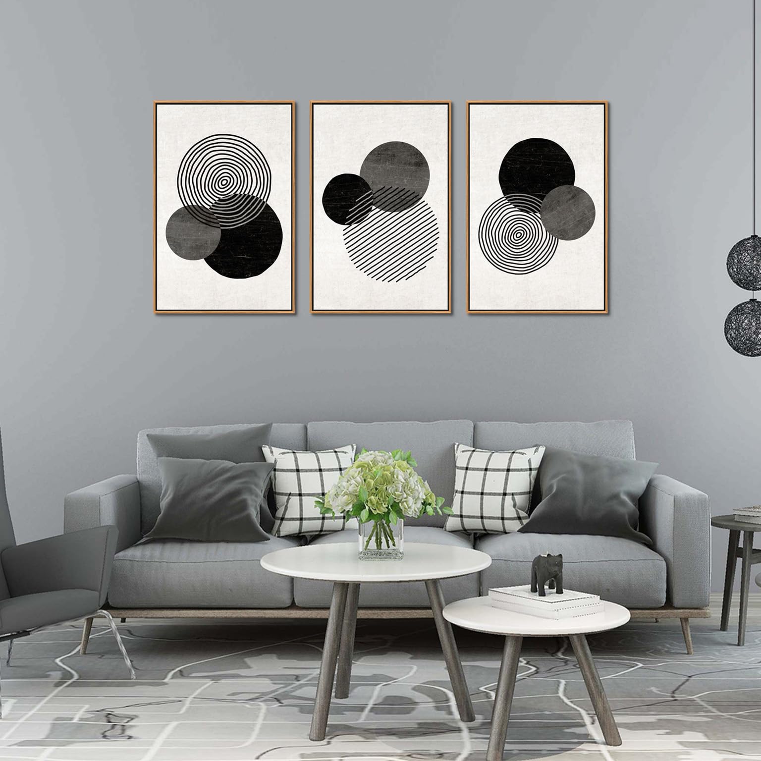 Zalorin Framed Black and White Wall Art Canvas Set Mid Century Boho Pictures Modern Geometric Lines Rounds Wall Decor Minimalist Bohemian Abstract Painting Artwork for Living Room Bedroom Office 16"x24"x3Pc