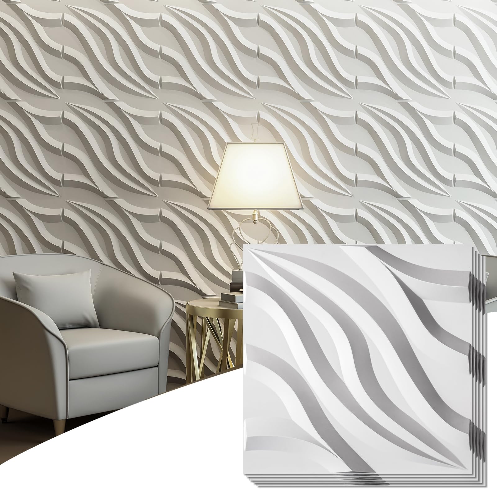 Zalorin PVC 3D Wall Tile-Flowing Wave in White, Paintable 3D Panel, 19.7in. X 19.7in. Pack of 12, Covers 32 Sq.Ft
