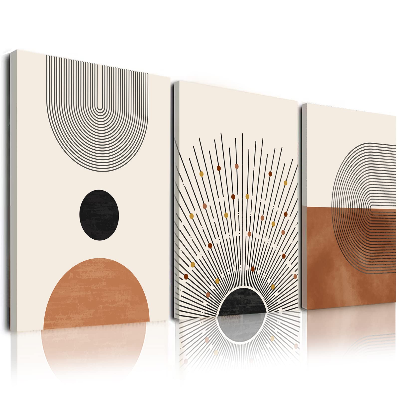 Zalorin  Minimalist Boho Wall Art Set of 3, Mid-Century Modern Wall Art Decor, Neutral Geometric Line Sun Canvas Prints Artwork, Framed Abstract Boho Wall Art Decor for Bathroom, Bedroom, Living Room, Office