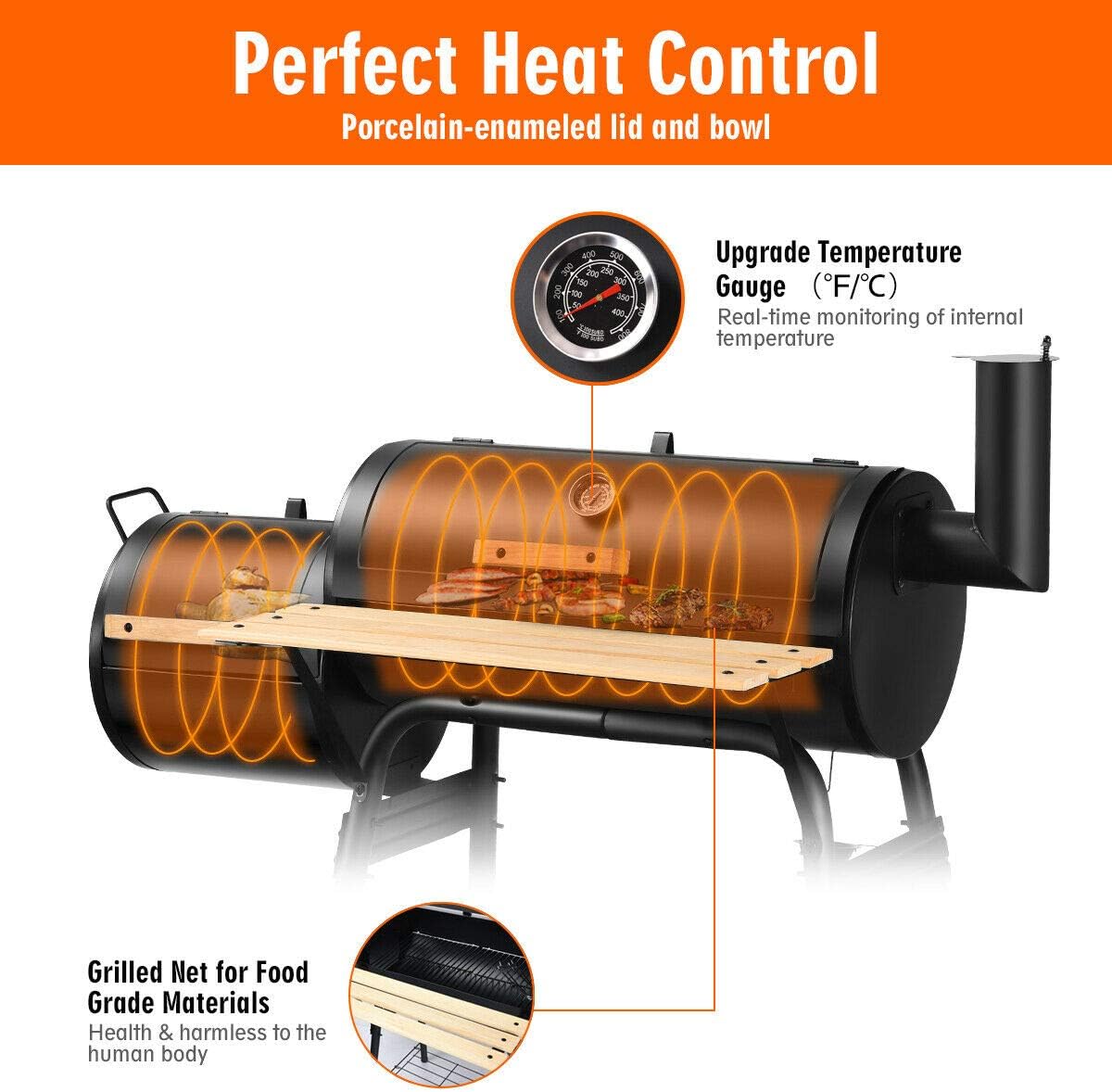 Zalorin Grill Charcoal BBQ Reduce Offset Smoker Barbecue Steel Outdoor Patio Backyard Stainless