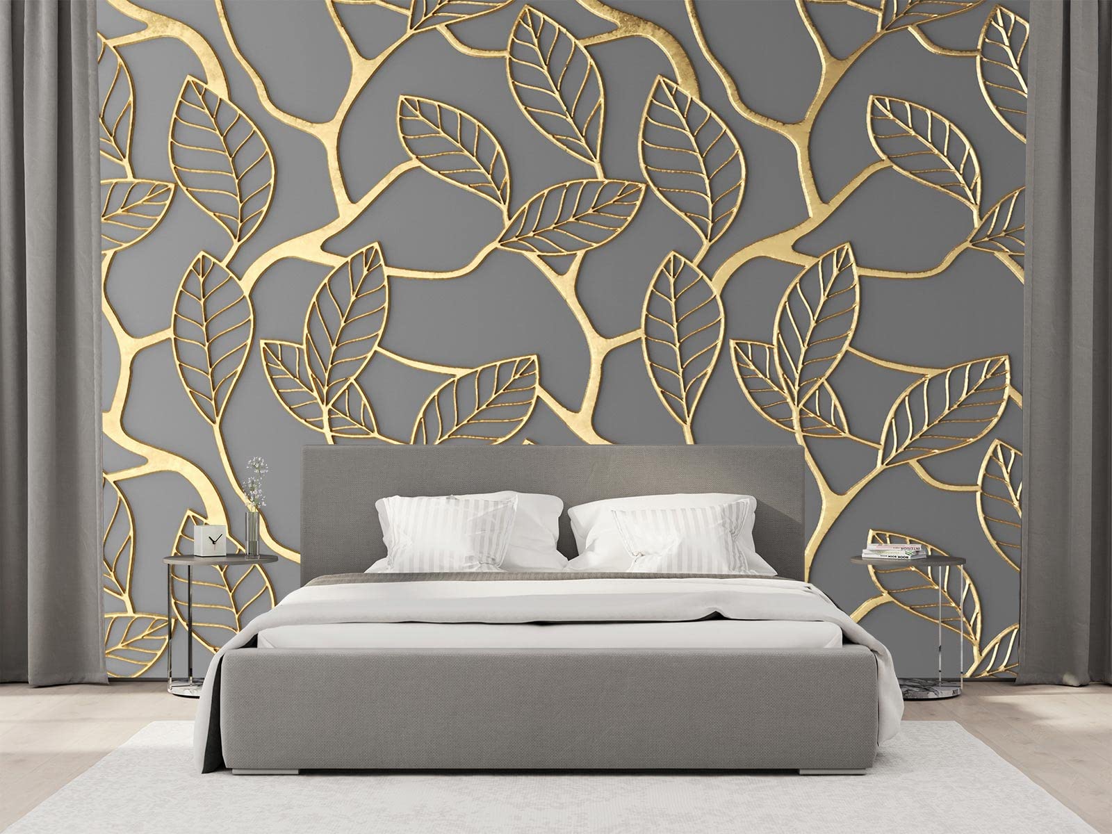 Zalorin -3d Wallpaper Golden Leaves Mural Wallpaper Bedroom Living Room Decor 103" x 69"(Not Self-Adhesive)