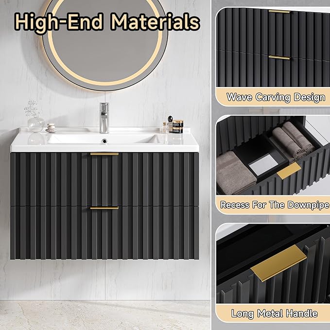 Zalorin 30 Inch Bathroom Vanity with Sink Combo, Floating Bathroom Vanity with 2 Fluted Drawers & Metal Handle, Modern Wall Mount Storage Cabinet with Ceramic Integrated Sink for Small Space (Black)