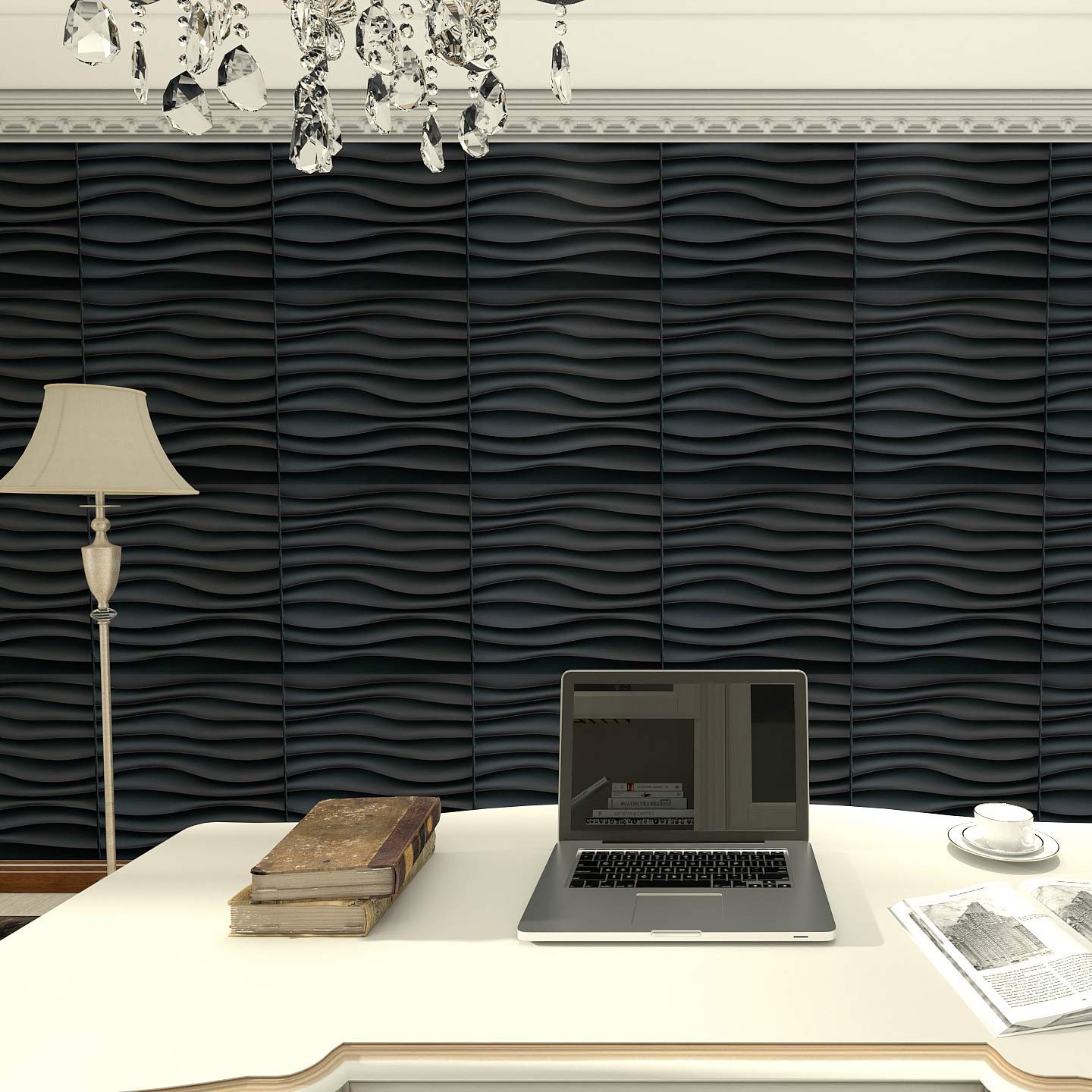 Zalorin PVC Wave Panels for Interior Wall Decor, Black Textured 3D Wall Tiles, 19.7" x 19.7" (12 Pack)