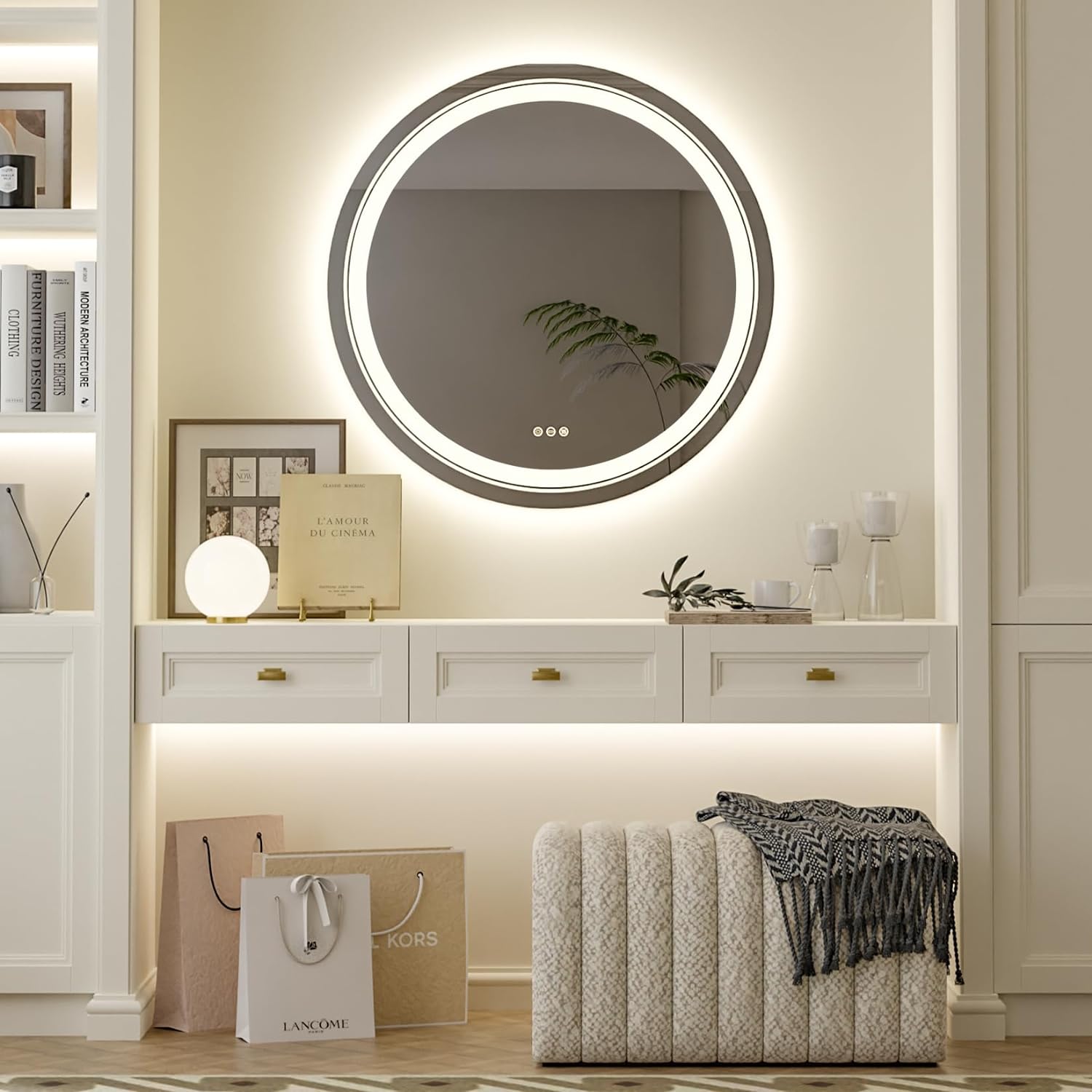 Zalorin LED Bathroom Wall Mirror: 24 Inch Round Anti-Fog Smart Mirrors with Dimmable Front Light & Backlit - CRI95 Lighted Makeup Mirror with Memory for Vanity