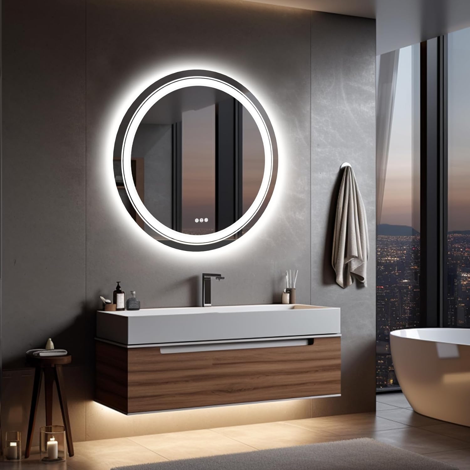 Zalorin LED Bathroom Wall Mirror: 24 Inch Round Anti-Fog Smart Mirrors with Dimmable Front Light & Backlit - CRI95 Lighted Makeup Mirror with Memory for Vanity