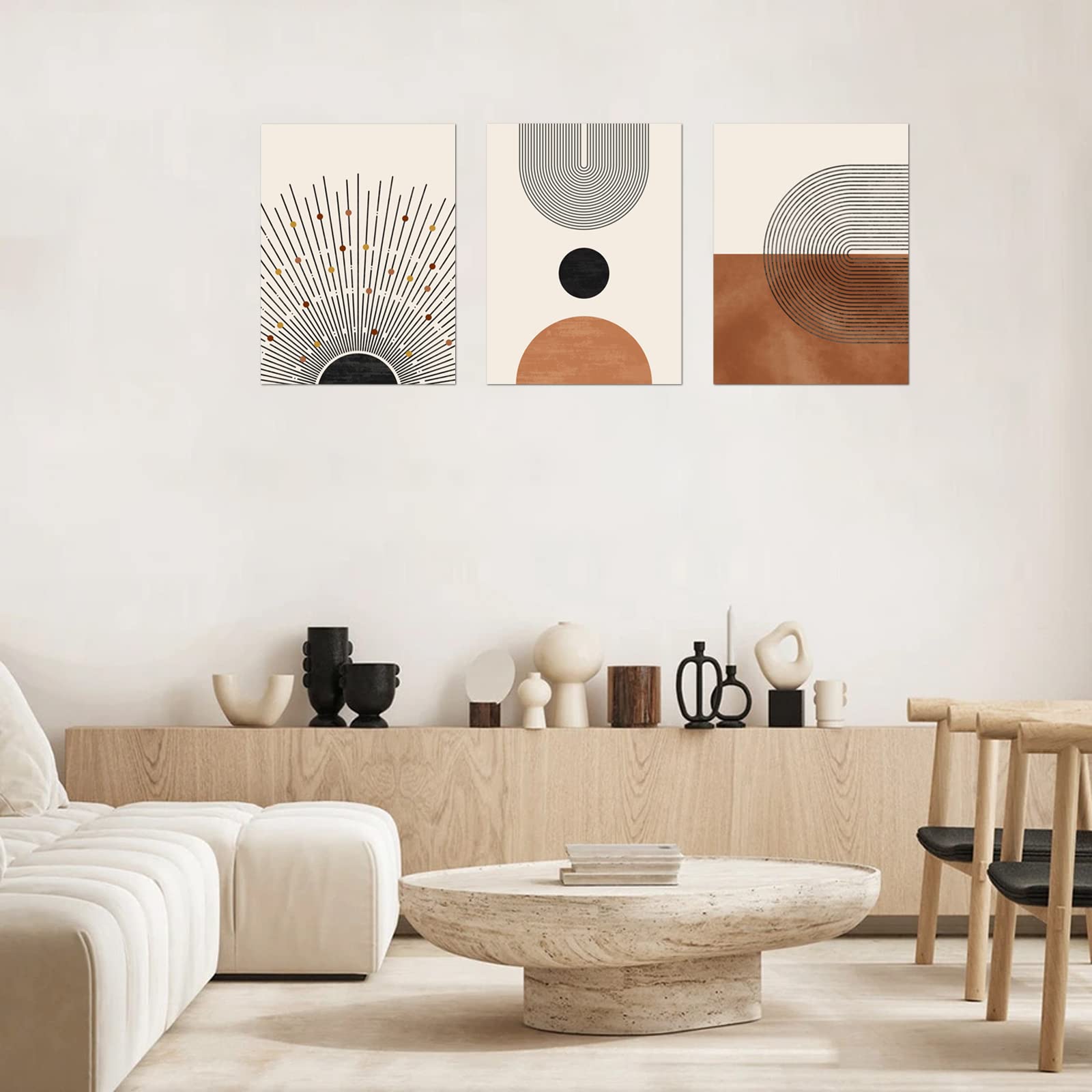 Zalorin  Minimalist Boho Wall Art Set of 3, Mid-Century Modern Wall Art Decor, Neutral Geometric Line Sun Canvas Prints Artwork, Framed Abstract Boho Wall Art Decor for Bathroom, Bedroom, Living Room, Office