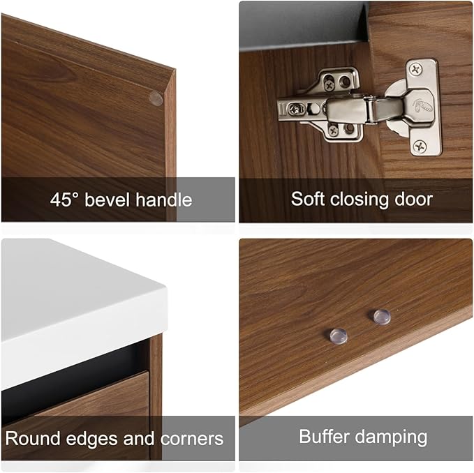 Zalorin Bathroom Vanity,Wall Mounted Bathroom Storage Cabinet with Resin Sink & 2 Soft Closing Doors,36'' Floating Vanity Cabinet with 45° Bevel Handle & Below Large Storage Space,Brown