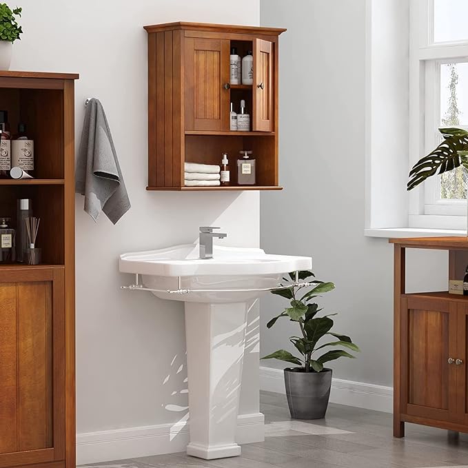 Zalorin Treocho Wood Wall Cabinet, Bathroom Medicine Cabinet Storage with Doors and Adjustable Shelf, Rustic Cabinet Wall Mounted for Bathroom, Livingroom, Kitchen, Cupboard, Reddish Brown