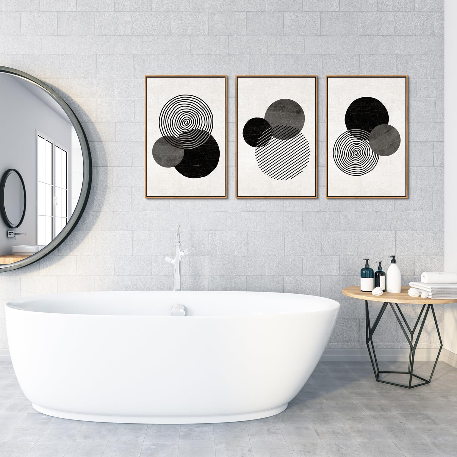 Zalorin Framed Black and White Wall Art Canvas Set Mid Century Boho Pictures Modern Geometric Lines Rounds Wall Decor Minimalist Bohemian Abstract Painting Artwork for Living Room Bedroom Office 16"x24"x3Pc