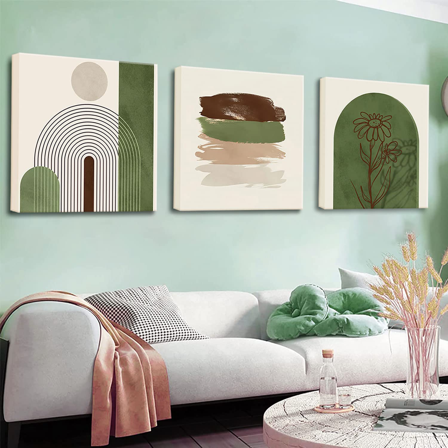 Zalorin  Sage Green Boho Wall Art Set of 3 Framed Geometric Line Canvas Beige Green pictures for Wall Boho Prints Sage Green Posters for Living Room, Bedroom, Bathroom, Office Wall Decor20"W*20"H*3