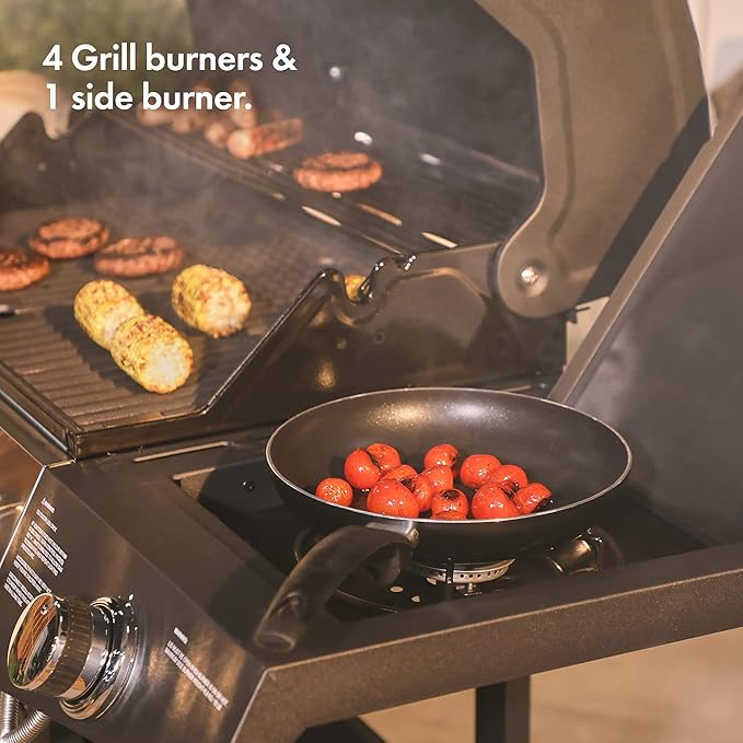 Zalorin Gas BBQ, 4+1 Burner Gas Barbecue with Warming Rack, Side Burner, Temperature Gauge, Cabinet Storage, 4 Wheels, Portable, Steel & Chrome, Grill Meat, Fish, Veg in Your Garden Outdoor Space