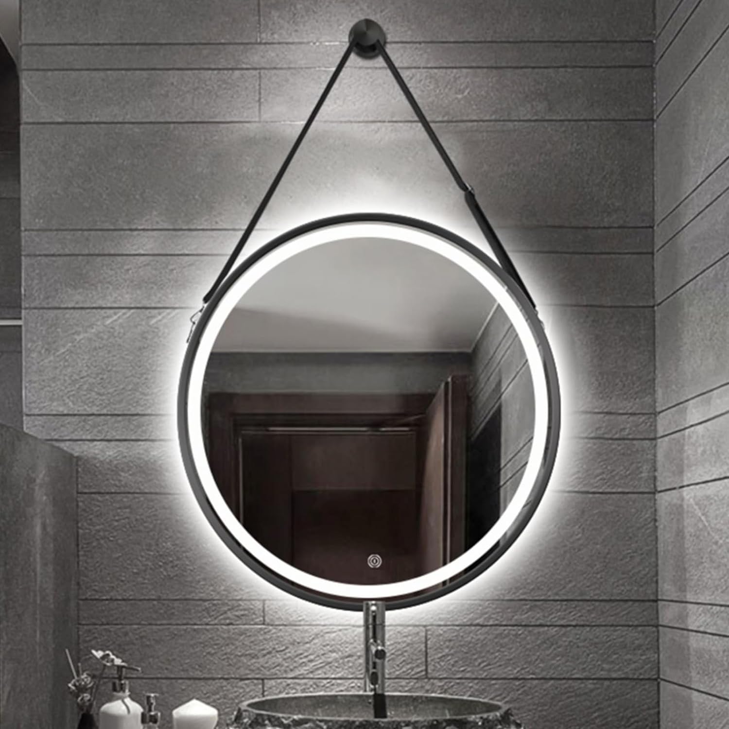 Zalorin Wall Mounted Hanging Vanity Makeup Mirror With Leather Strap, Black, Gold, Aluminium Alloy Frame, Round LED Bathroom Mirror, Dimmable 3 Color Temperatures, Memory Function ( Color : Black , Size : 50c