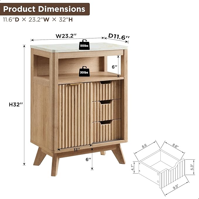 Zalorin Bathroom Floor Cabinet with Sliding Door, Modern Fluted 3 Drawers Storage Organizer w/Adjustable Shelf and Faux Marble Top, Curved Profile Design, Natural Oak Color