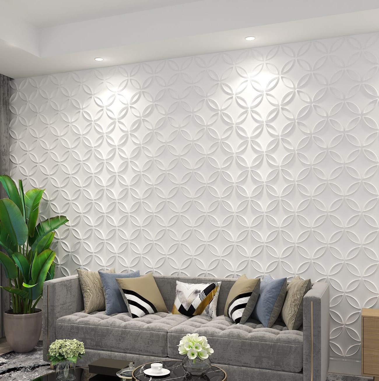 Zalorin PVC 3D Wall Panel Interlocked Circles in Matt White Cover 32 Sq.ft, for Interior Ceiling and Wall Decor for Residential or Commerical