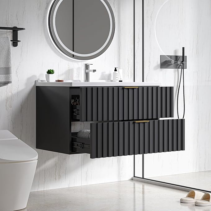 Zalorin 30 Inch Bathroom Vanity with Sink Combo, Floating Bathroom Vanity with 2 Fluted Drawers & Metal Handle, Modern Wall Mount Storage Cabinet with Ceramic Integrated Sink for Small Space (Black)