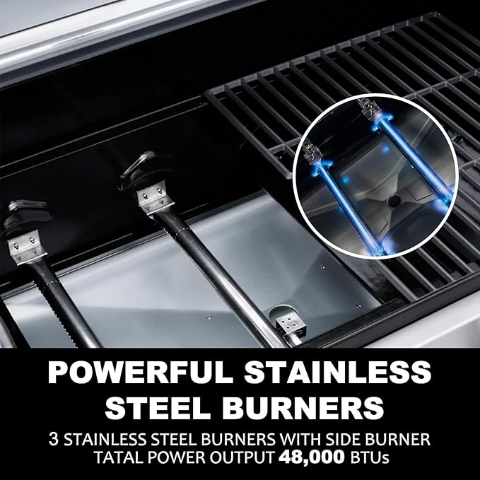 Zalorin Liquid Propane Gas Grill, Stainless Steel BBQ Grill High Performance 3 Burners with Side Burner, 48,000 BTU Cart Style Perfect Patio Garden Picnic Backyard Barbecue Grill.