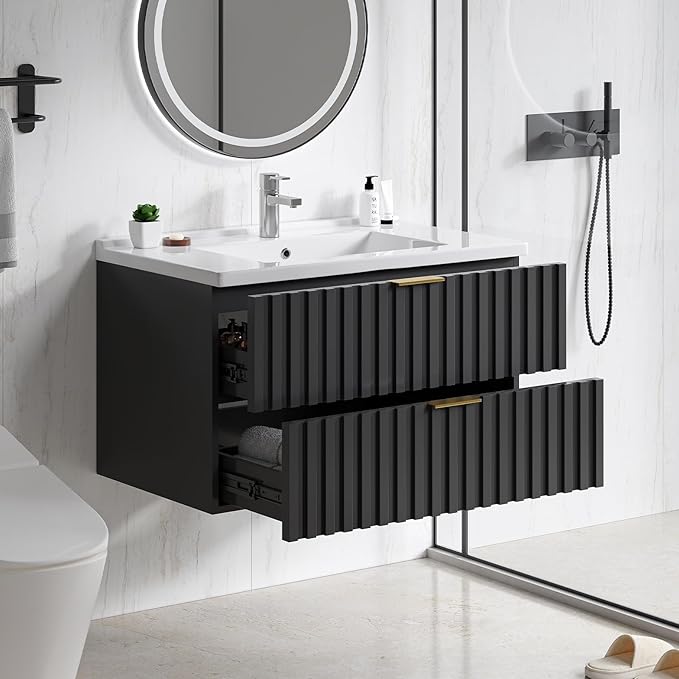 Zalorin 30 Inch Bathroom Vanity with Sink Combo, Floating Bathroom Vanity with 2 Fluted Drawers & Metal Handle, Modern Wall Mount Storage Cabinet with Ceramic Integrated Sink for Small Space (Black)
