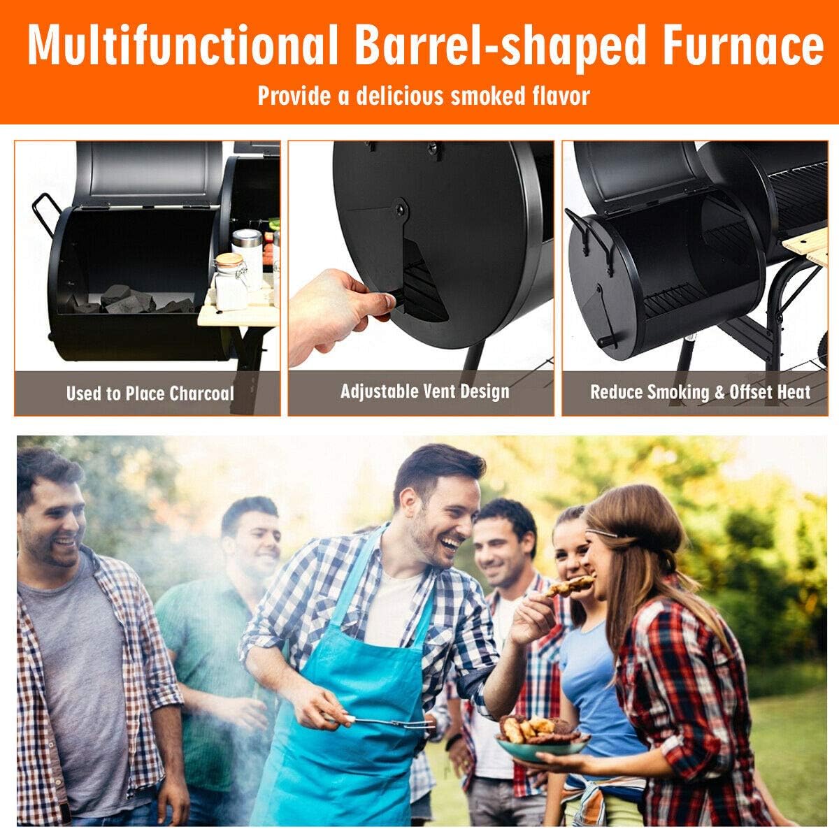 Zalorin Grill Charcoal BBQ Reduce Offset Smoker Barbecue Steel Outdoor Patio Backyard Stainless