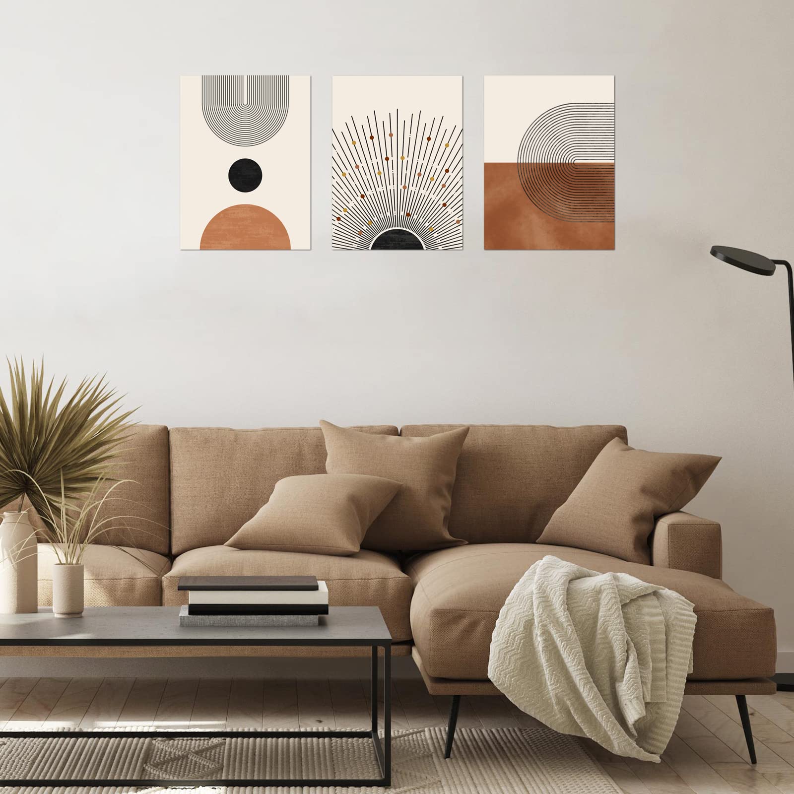Zalorin  Minimalist Boho Wall Art Set of 3, Mid-Century Modern Wall Art Decor, Neutral Geometric Line Sun Canvas Prints Artwork, Framed Abstract Boho Wall Art Decor for Bathroom, Bedroom, Living Room, Office