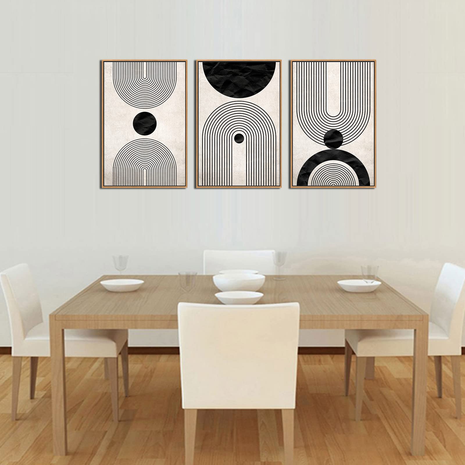 Zalorin Framed Wall Art Canvas Set Mid Century Boho Pictures Modern Abstract Geometric Wall Decor Minimalist Black Beige Bohemian Canvas Painting Artwork for Living Room Bedroom Office 16"x24"x3 Natural