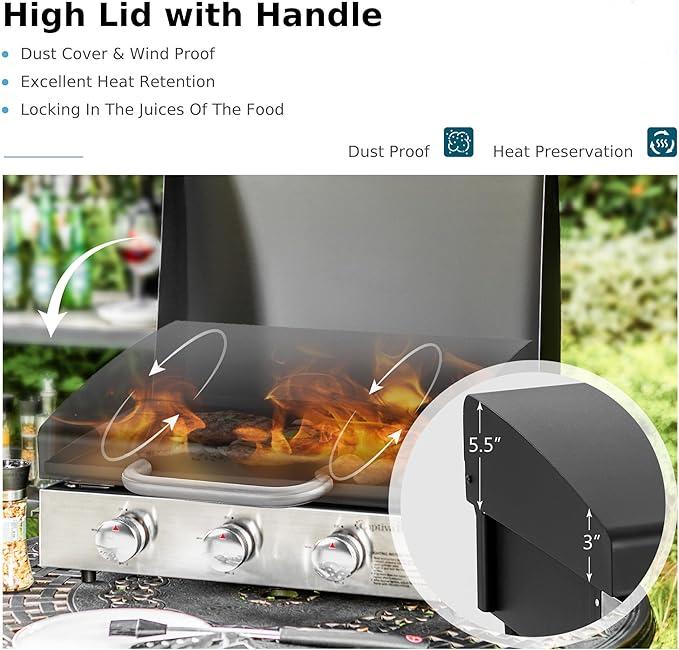 22 Inch Flat Top Grill with Ceramic Coated Cast Iron Pan, 3 Burners Portable Tabletop Propane Gas Griddle Grill for Camping, Outdoor & Tailgating Barbecue.