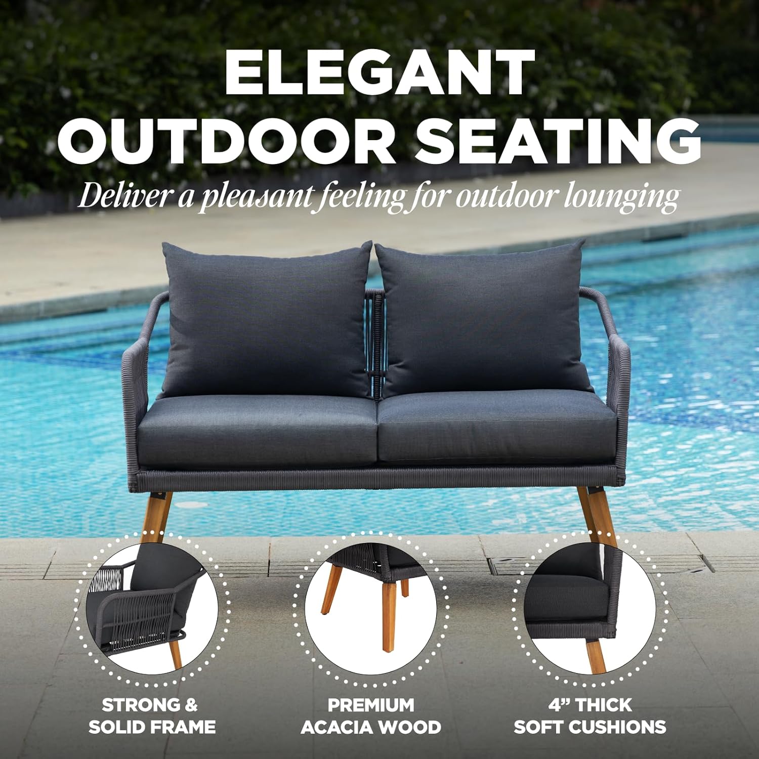 IDZO Serene Patio Conversation Sets, 800lbs Capacity FSC Certified Acacia Wood Outdoor Furniture with 3.9in Thick Soft Cushions, 4 Pieces Modern Rope_Obsidian