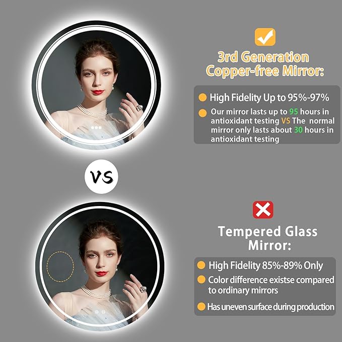 Zalorin LED Bathroom Wall Mirror: 24 Inch Round Anti-Fog Smart Mirrors with Dimmable Front Light & Backlit - CRI95 Lighted Makeup Mirror with Memory for Vanity